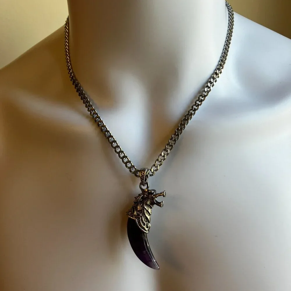 Amethyst Gemstone Tusk AND CHAIN Men's Chunky 20-inch Stainless Steel Chain